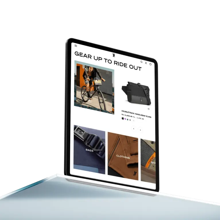 Tablet Displaying Chrome Industries eCommerce Website for Cycling Gear and Accessories Developed by EvinceDev